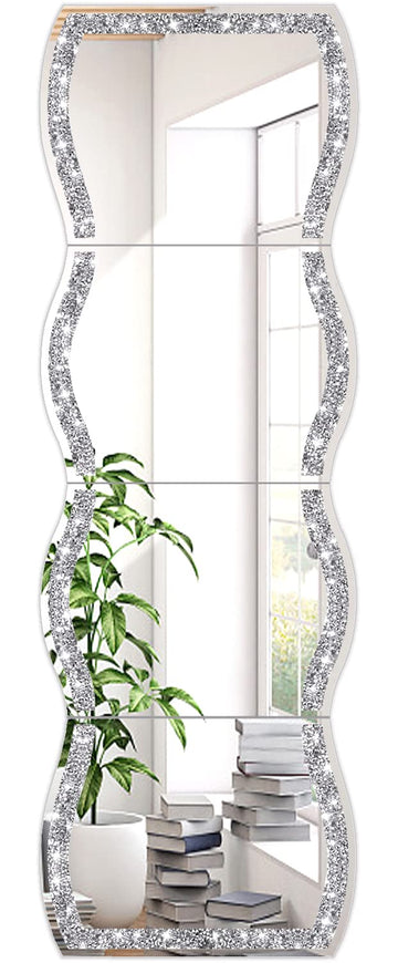 Wave Pattern Crushed Diamond Body Mirror Set - 4pcs 11x15 inch Dressing & Makeup Mirror for Decor, Gym, Door (11x15