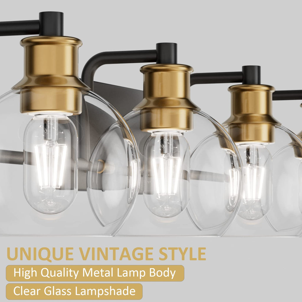 Industrial Bathroom Vanity Lighting Fixtures 4-Lights Vintage Black & Brass Finish with Globe Clear Glass Vanity