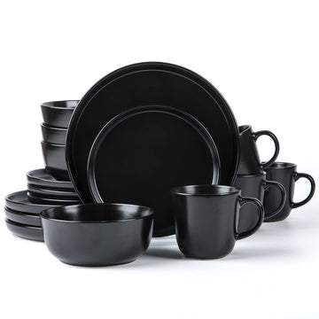 Round Stoneware 16pc Dinnerware Set of 4, Dinner Plates, Side Plates, Cereal Bowls, Mugs - Matte Black (472979)