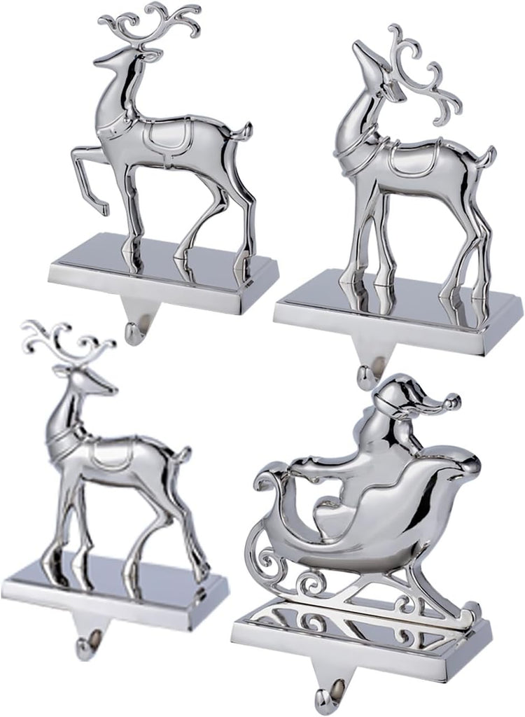 Set of 4 Christmas Stocking Holder for Mantel Reindeer and Sleigh Christmas Stocking Hangers for Fireplace Metal