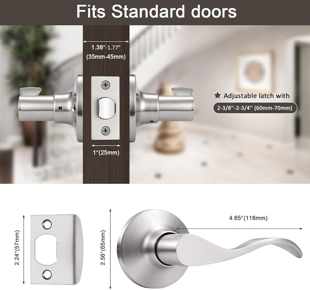 10 Pack Satin Nickel Modern Interior Passage Door Knobs, Keyless Door Handle & Closet, Wave Style Non-Locking Door