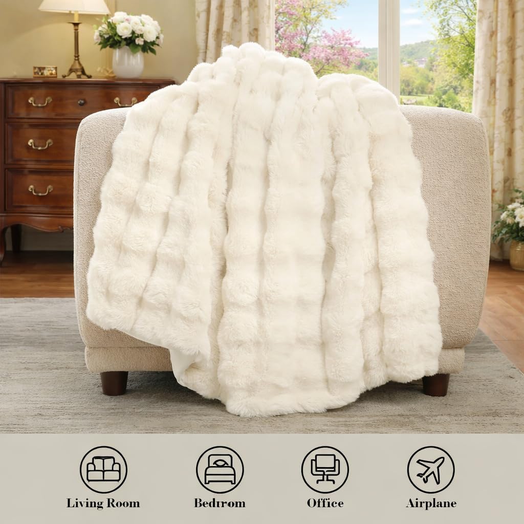 Faux Fur Throw Blanket, Ultra Soft Fuzzy Plush Bubble Blanket for Couch, Bed & Living Room, 60"x80", Cream White