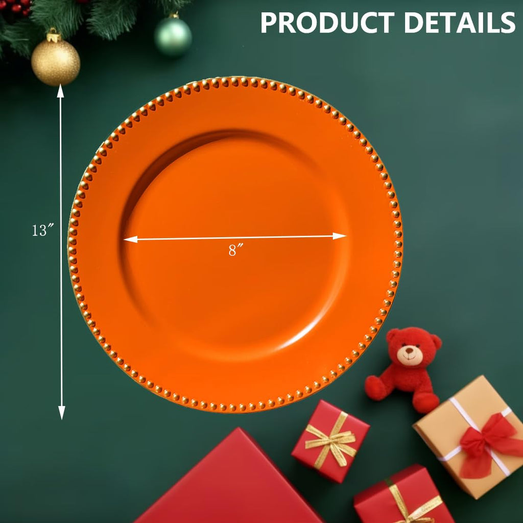 Orange Charger Plates with Beaded Rim, 13" Round Charger for Dinner Plates, Set of 6, Plastic Plate Chargers for