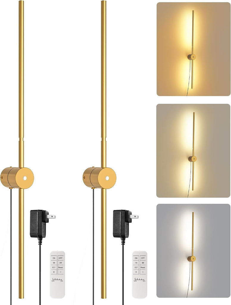33" Wall Sconces Set of 2 with Remote Control, Dimming & 3 Color Temperatures, Plug-in Gold Wall Lights for Bedroom
