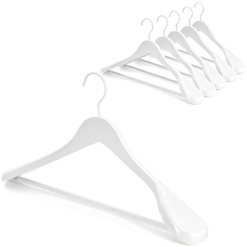 White Wooden Coat Hanger 6 Pack, Wood Suit Hangers, Glossy Finish with Extra-Wide Shoulder, Thicker White Hooks &