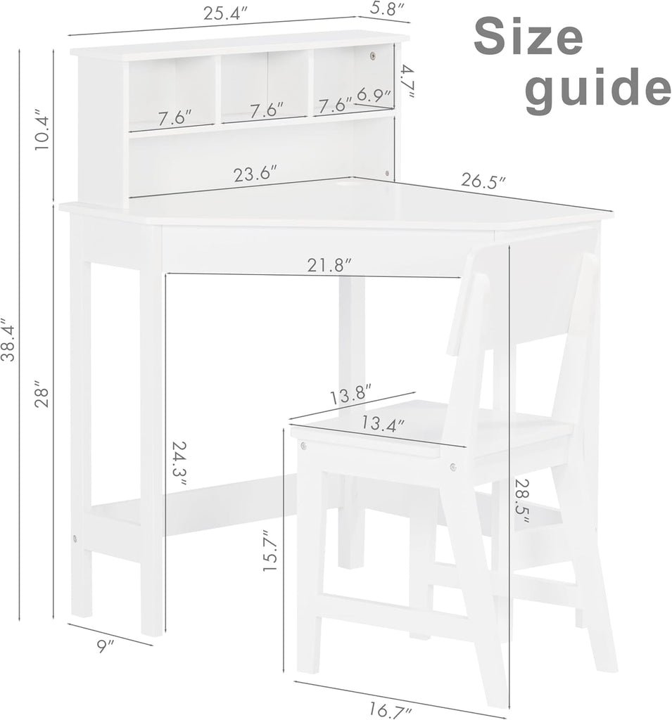 Wooden Kids Corner Desk and Chair Set with Hutch for Ages 3-8
