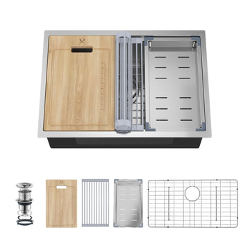 27 Inch Undermount 16 Gauge Stainless Steel Ledge Workstation Sink Round Corners Deep Single Bowl Kitchen Sinks with
