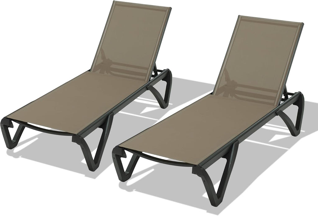 Pool Lounge Chairs Set of 2, Aluminum Patio Chaise Lounge with Wheels, 5 Position Adjustable, All Weather