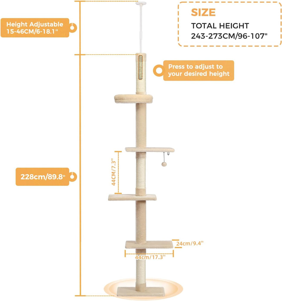 5-Tier Floor to Ceiling Cat Tree, 95-107In Tall Cat Tower Beige