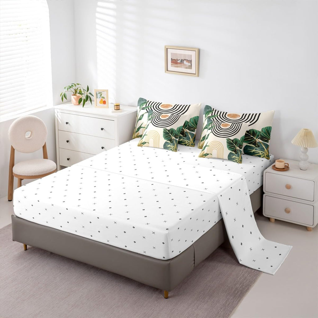 7 Pcs Mid Century Boho Comforter Set Queen Size Abstract Art Simple Bedding Sets, Minimalist Tropical Palm Leaves Bed