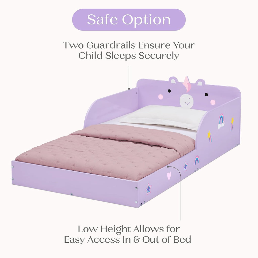 Unicorn Wood Floor Toddler Bed with Reusable Stickers, Purple