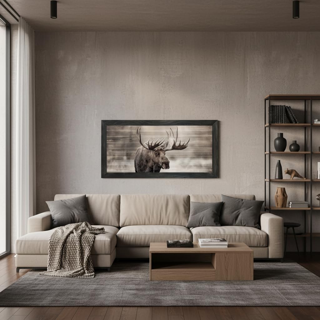 Large Moose Wall Art, Rustic Framed Wood Wildlife Print Decor, 40x20 Inch