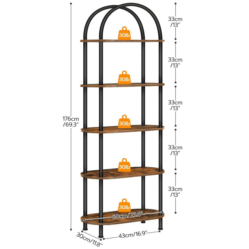 5 Tier Open Bookshelf, Industrial Arched Bookcase Display Shelf Rack, Wooden Bookcase Storage Shelf Metal Frame, Tall