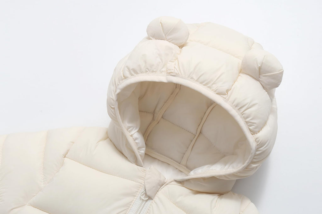 Baby Hooded Down Jacket Boys Girls Light Puffer Winter Coats Toddler Bear Ears Zipper Up Down Coats Outwear Ivory