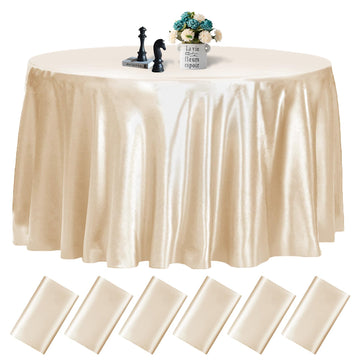 Champagne Satin Tablecloth, 6 Pack 120 Inch, Round Table Cloth Silk