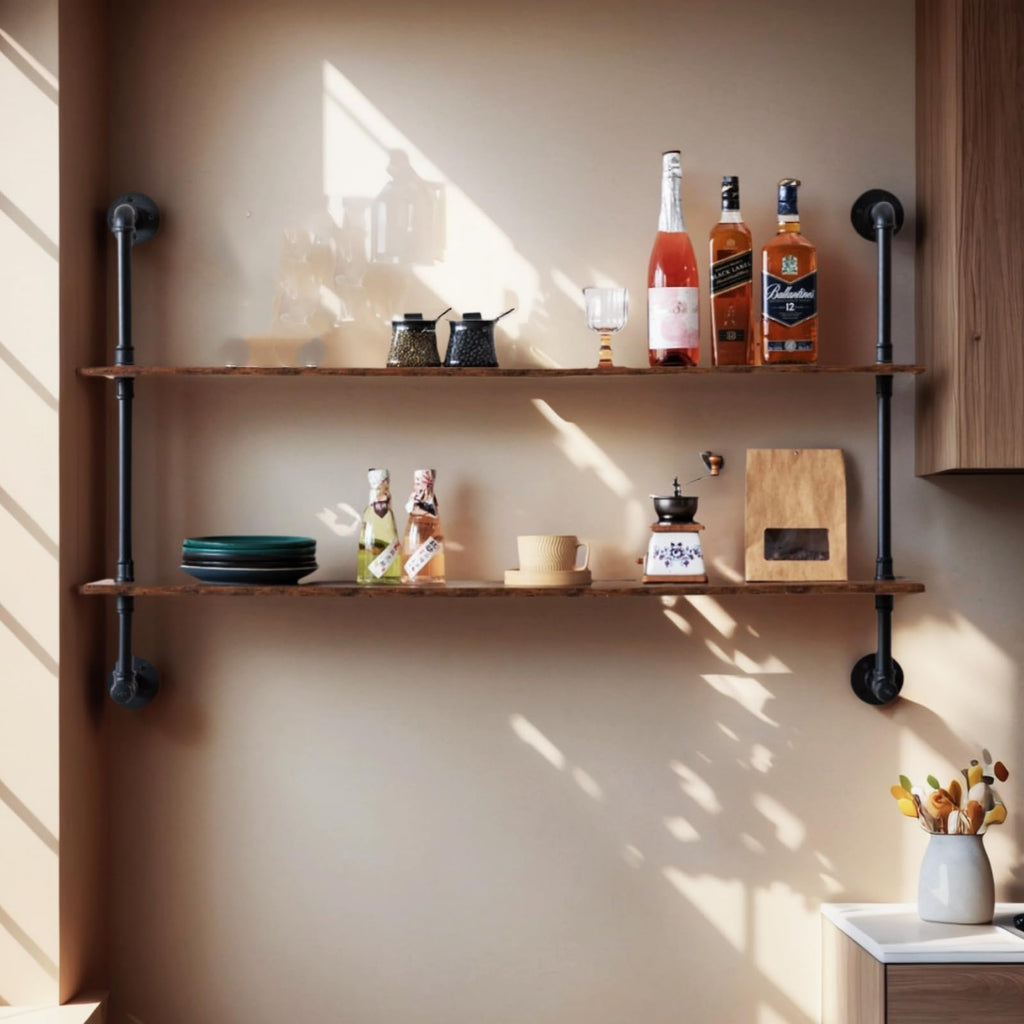 Industrial Pipe Shelving 48inch Wall Mounted, Rustic Floating Shelves with Wood Shelf, 2 Tier Farmhouse Bathroom