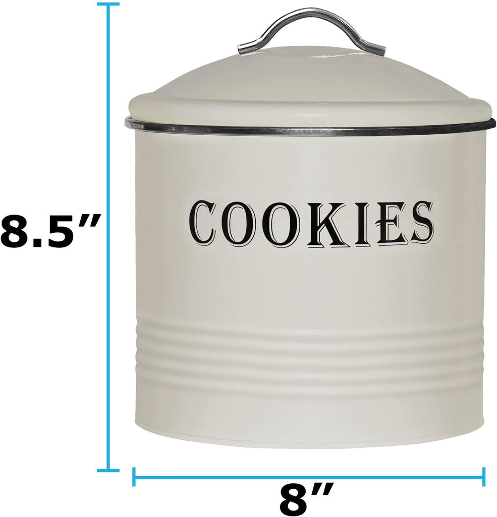Vintage Cookie Jar - Airtight Counter Cookie Container, Ivory Tin with Lid for Gift Giving, Large Capacity