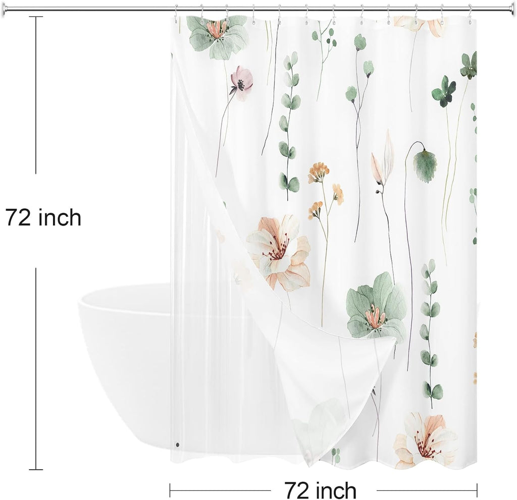 3 in 1 Shower Curtain Set, Sage Green Watercolor Floral Bath Curtain and PEVA Liner Set with 12 Double Sided Steel
