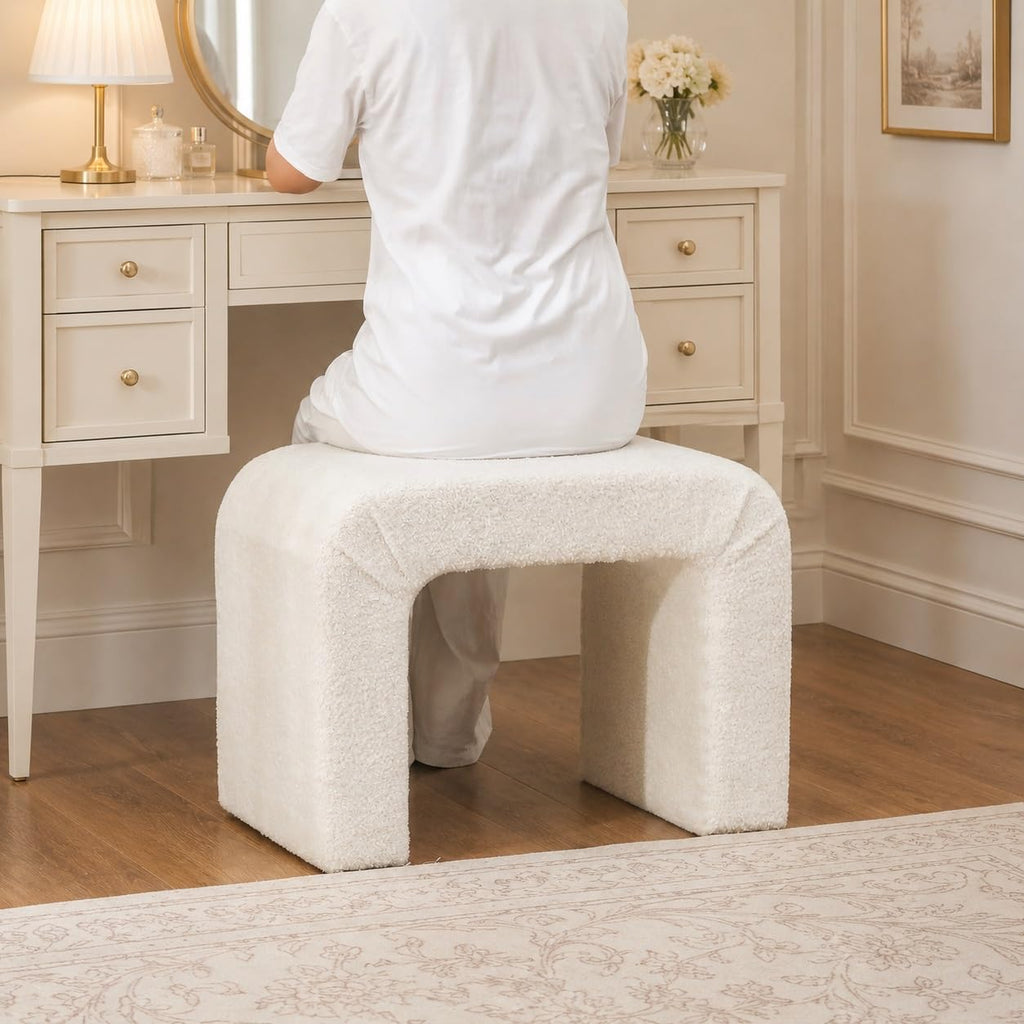 Modern Boucle Ottoman Footstool, 24" Arched Upholstered Vanity Stools for Makeup Room, Small Foot Rest (Fully