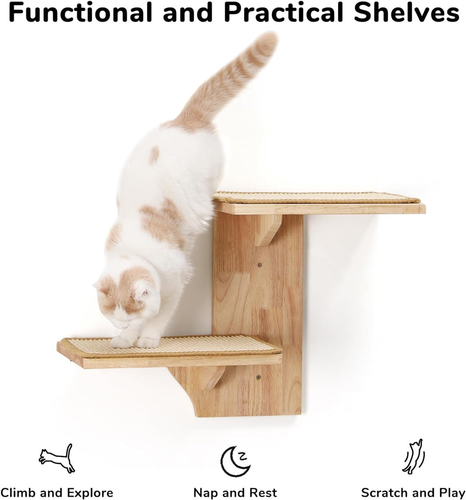 Cat Wall Shelves, 2 Platform Kitten Wall Furniture, Tree Shape Wall-Mounted Floating Shelf with Sisal Mat, Solid