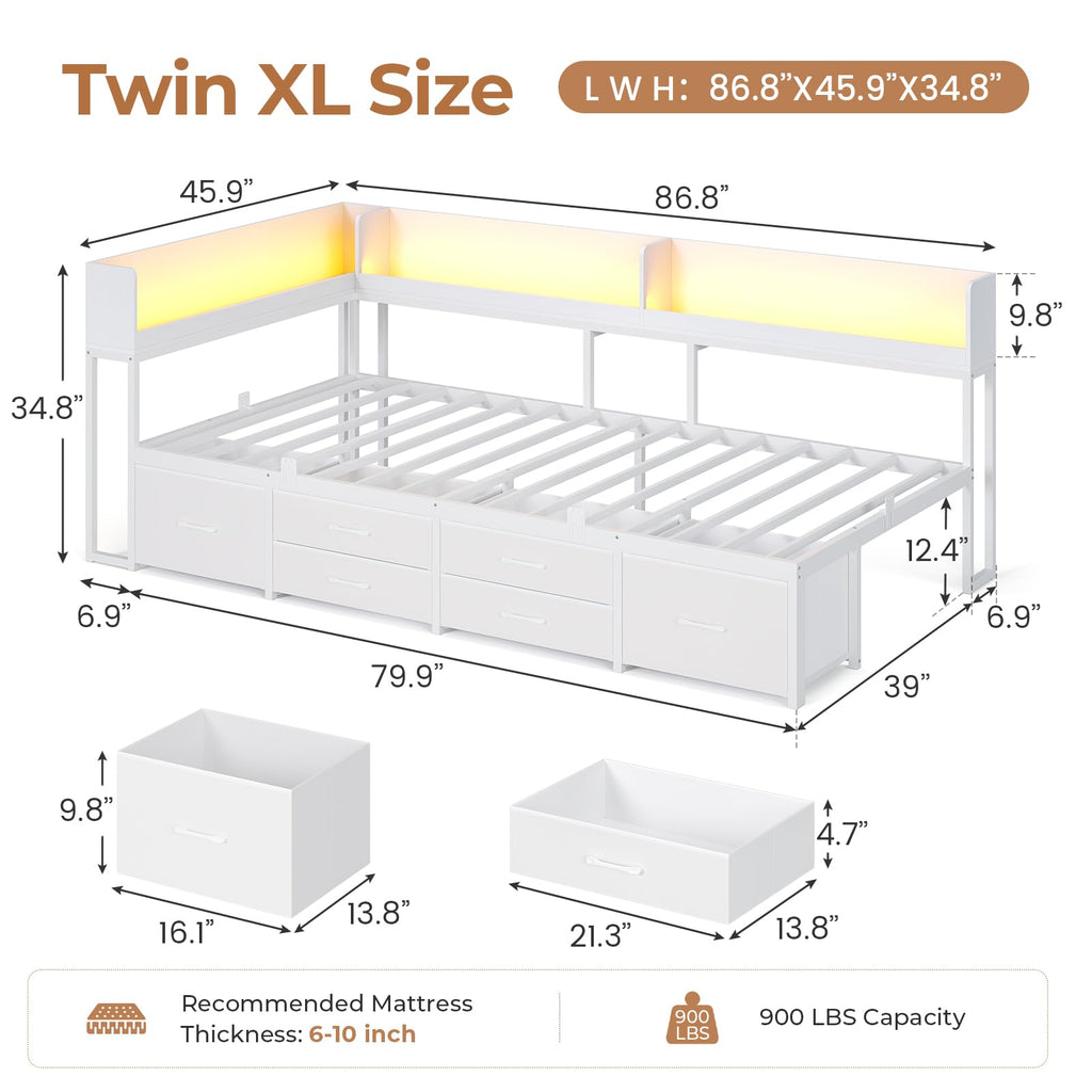 Corner Bed Frame with 6 Drawers, Twin XL Daybed Bookcase Storage