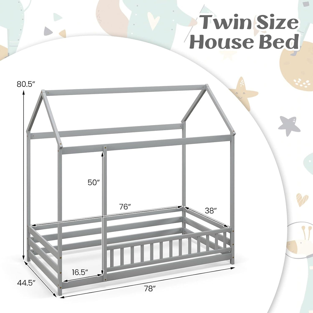 Floor House Bed, Wooden Montessori Bed with Roof &Full-Length Safety Guardrail, Floor Playhouse Bed Frame
