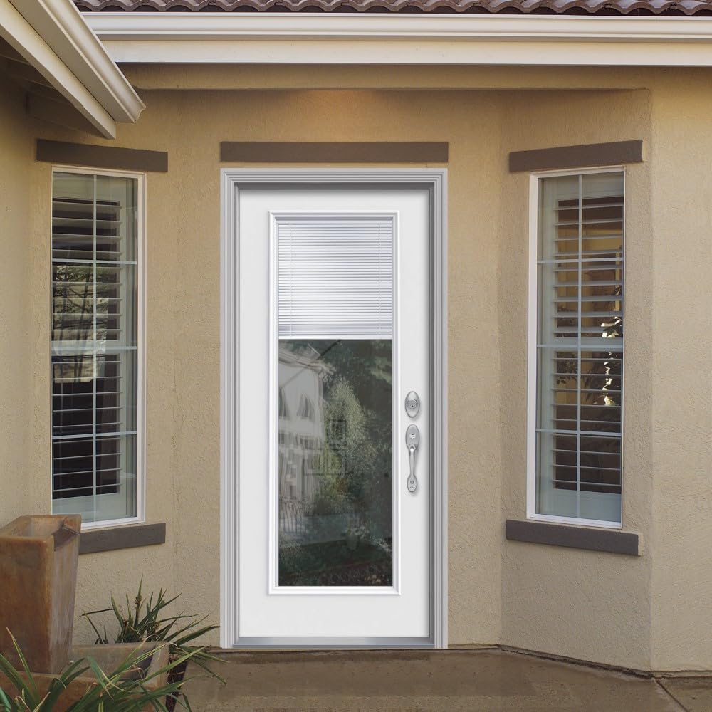 Fiberglass Smooth, Primed, Left Hand Inswing, Exterior Prehung Door, Clear Glass Internal Blinds, Full