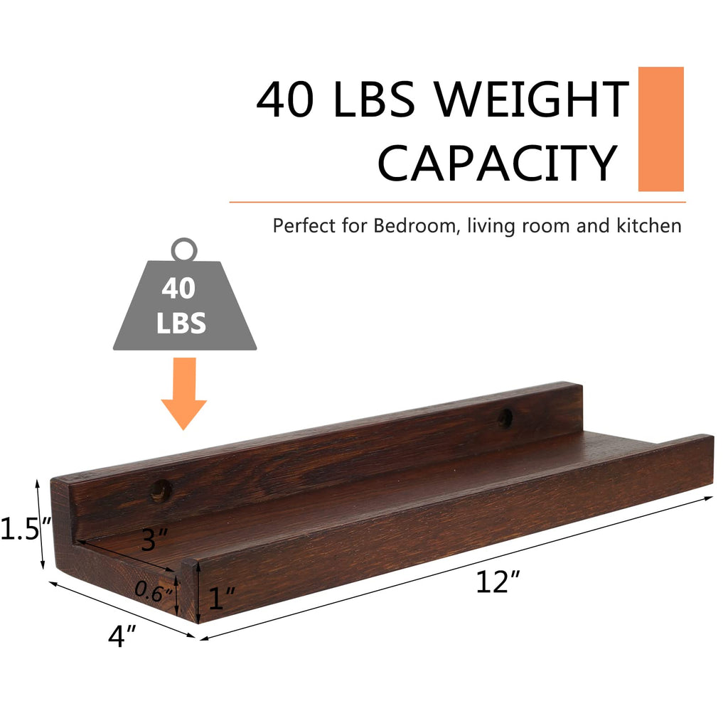 12x4-Inch Walnut Solid Oak Wood Floating Shelf for Wall Decor