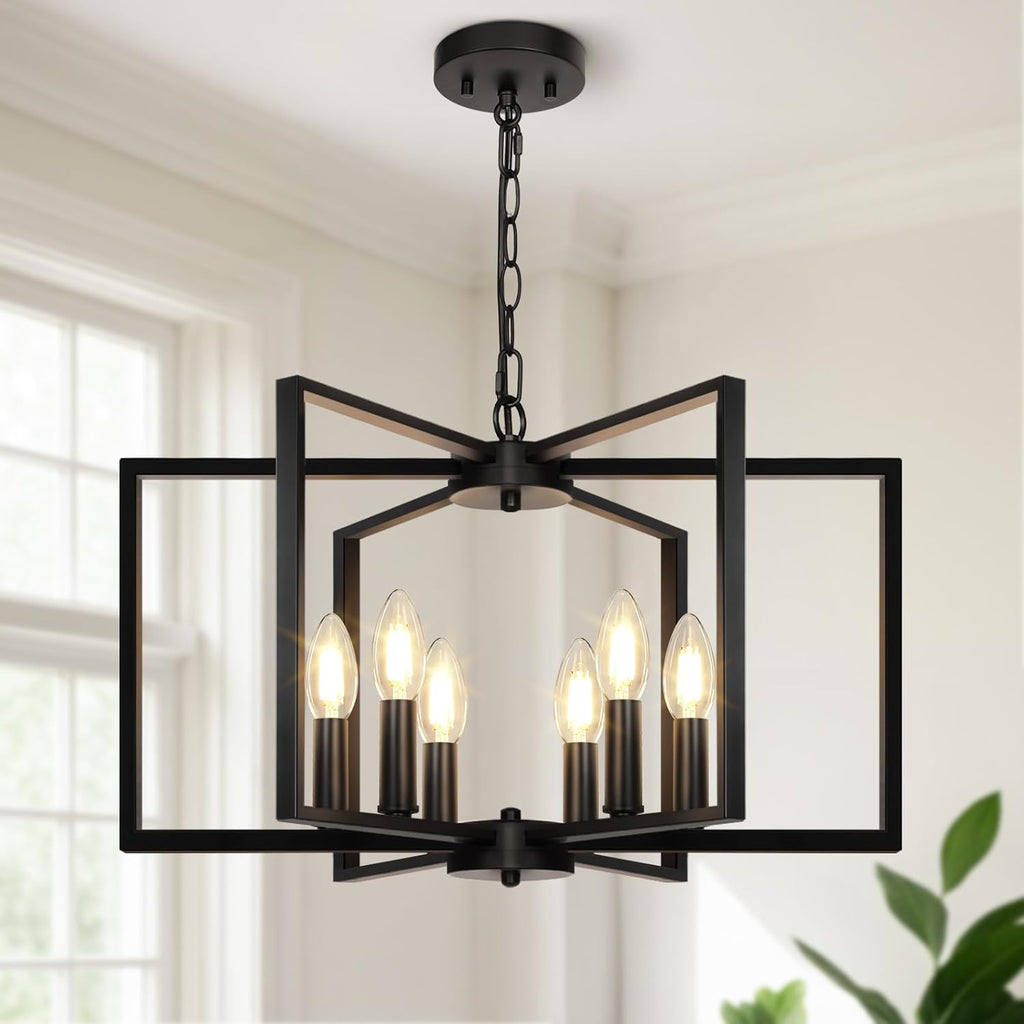 Black Farmhouse Chandelier, 6 Light Geometric Dining Room Light Fixture, Modern Industrial Metal Ceiling Light Rustic