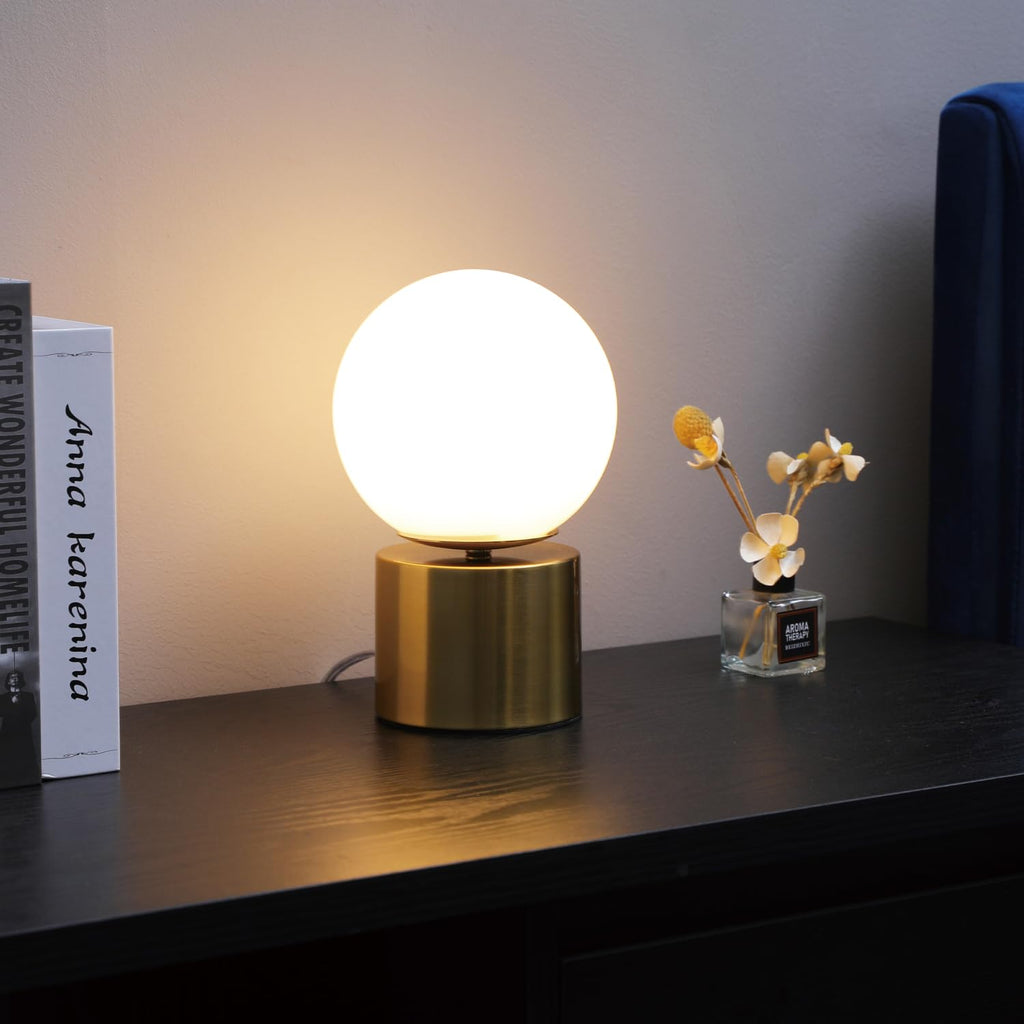 9.3 Ins Modern Gold Globe Table Lamp, Round Bedside Nightstand Lamp with White Glass Shade Metal Base Desk Lamp