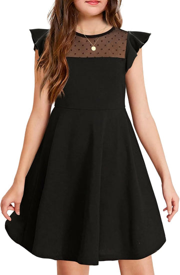 Girls Dress Summer Ruffle Sleeve Mesh A Line Casual Party Dresses with Pockets
