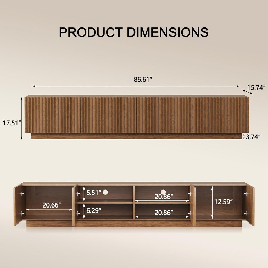 Modern 86.61" Extra Long TV Stand with Fluted Sliding Doors, Media Console Cabinet with Large Storage Compartments &