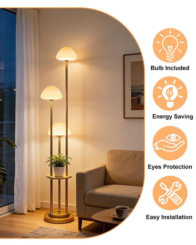Gold Dimmable Floor Lamp with Table, Modern Floor Lamps with Mushroom Shades & Bulbs, 3000K Warm Lights Tall Standing