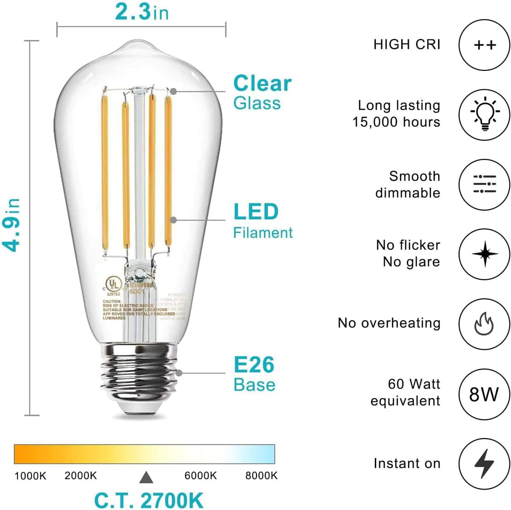 Edison Light Bulbs 60W Equivalent, Dimmable Vintage LED Light Bulbs, E26 Medium Base, Warm White 2700K, ST58, 8W