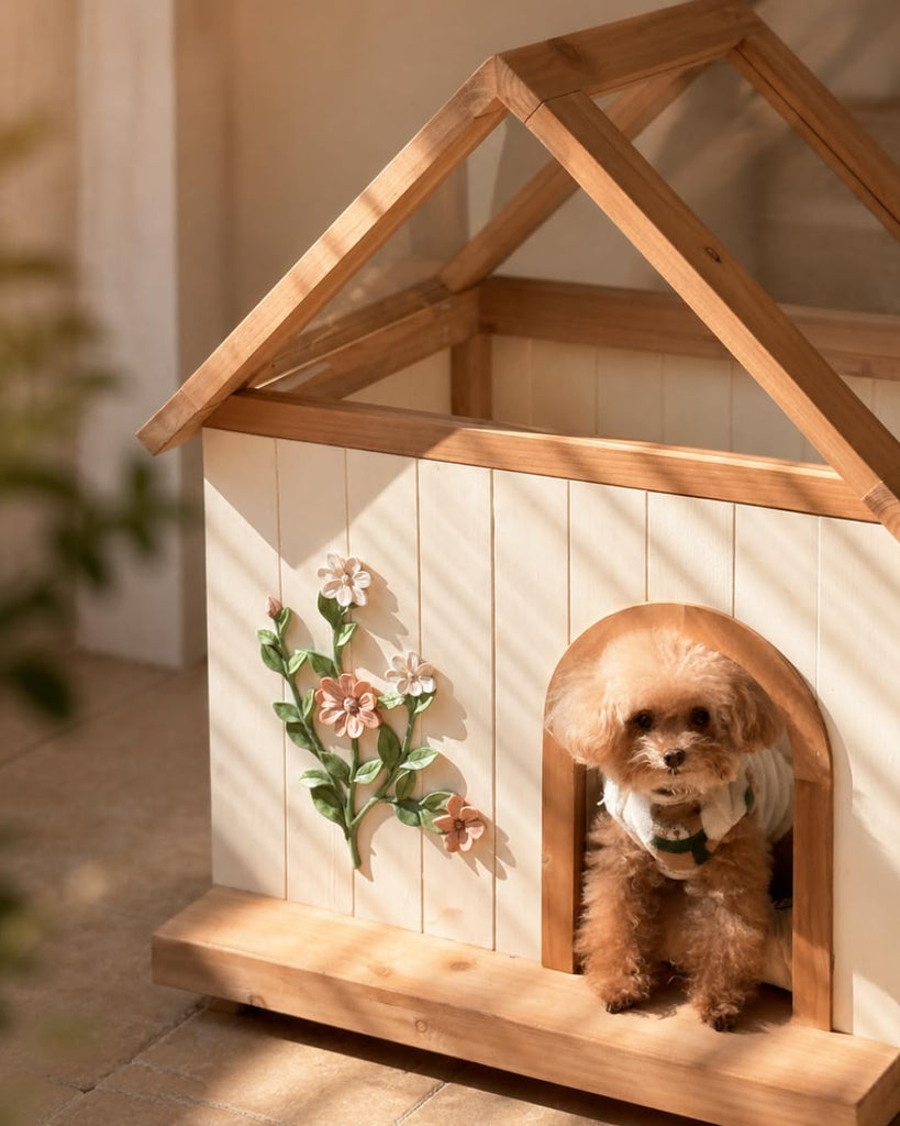 Indoor Dog House for Small Dogs, FSC Cedar Wood Dog House, Transparent Sunlit Roof, Handcrafted Flower Carvings