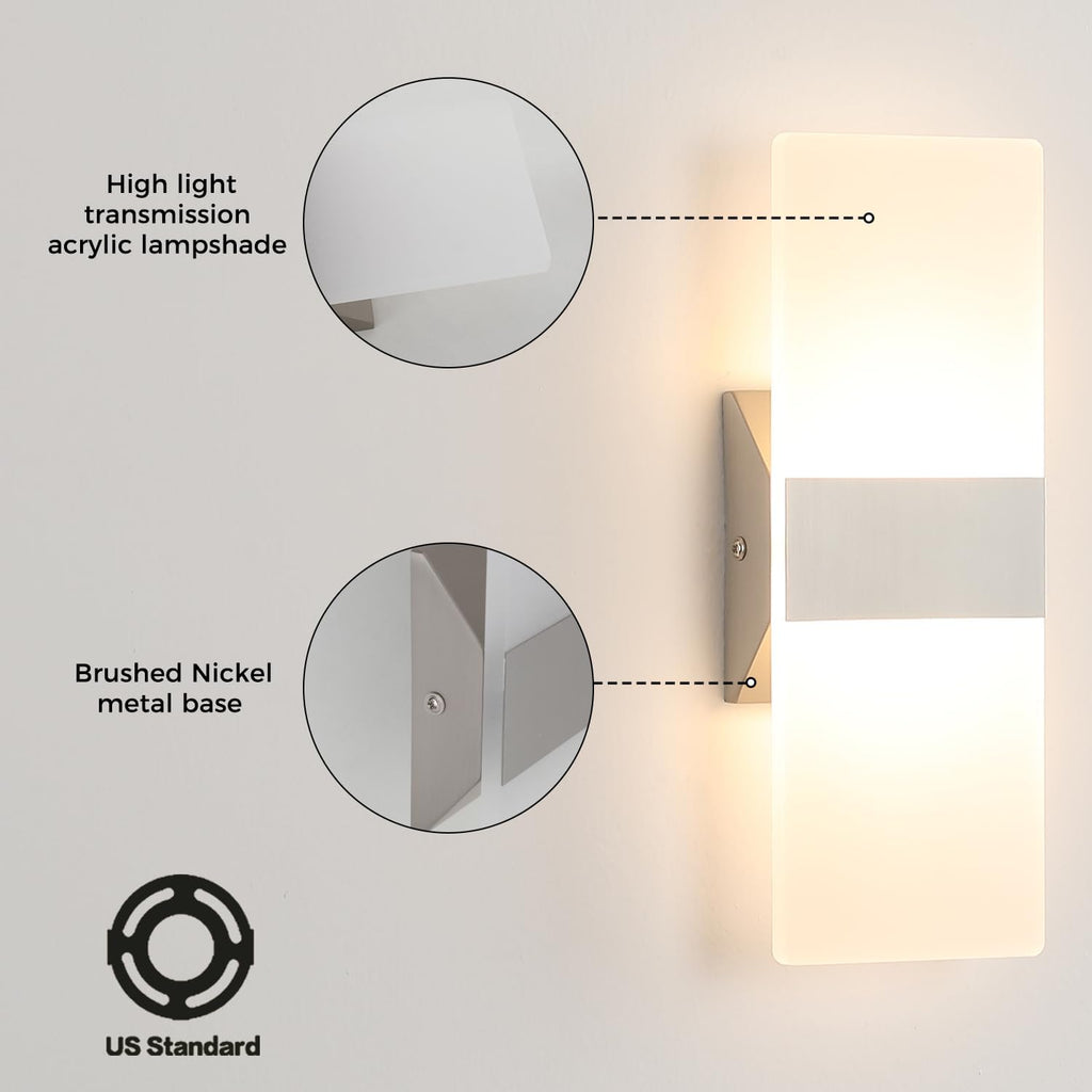 Modern LED Wall Sconce Set of 2, 10W Hardwired Ultra-Slim Light | 11.4" Brushed Nickel 3000K Warm White Indoor Wall