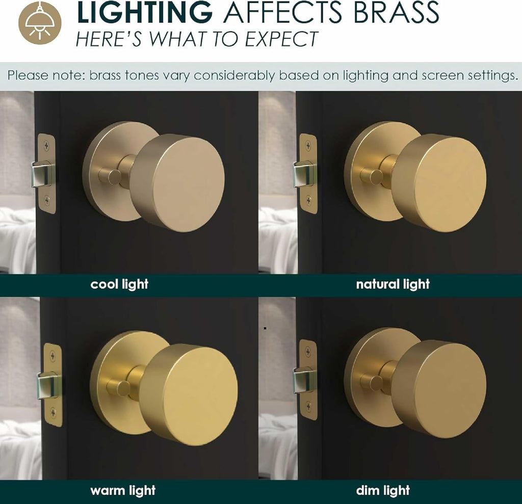 Satin Brass Passage Door Knobs Buena 1 Pack Solid Zinc Interior Door Knob, Reversible Heavy Duty Brushed Gold Handles