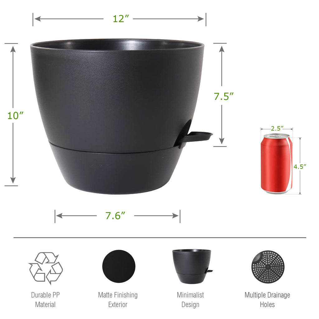 12 inch Large Self Watering Pots, Plastic Planters with 60oZ Removable Deep Reservoir and Multi Mesh Drainage Holes