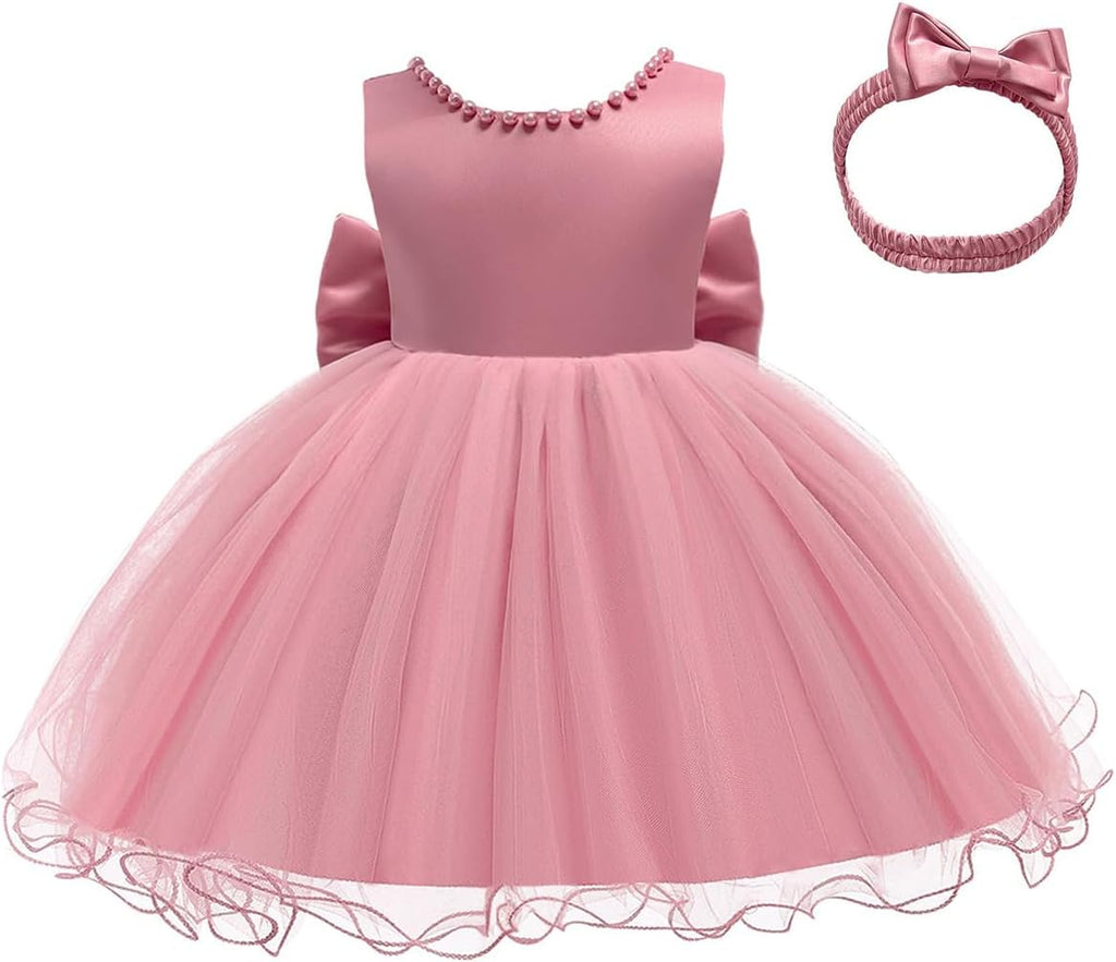 Flower Girl Dress Satin Baby Girl Formal Tulle Dress Bow Headband 0