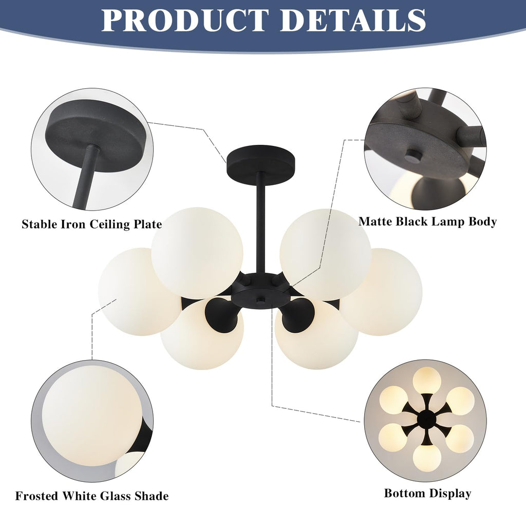 6-Light Black White Milk Glass Globe Semi Flush Mount Ceiling Light