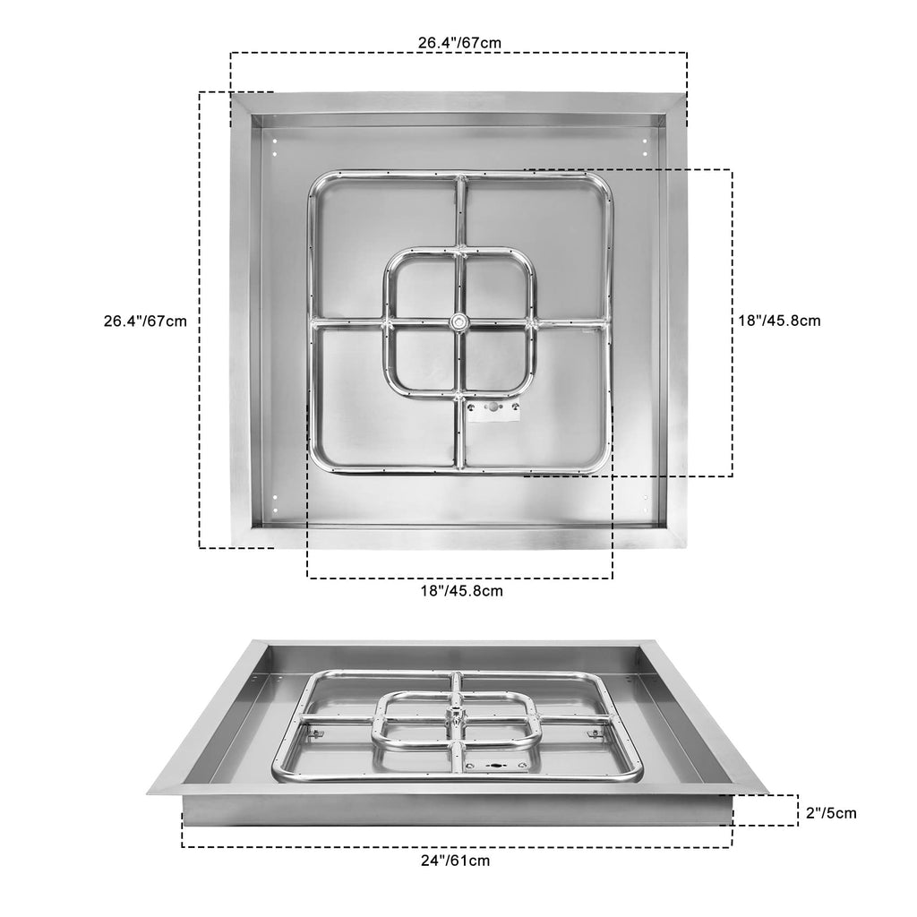 24" Square Fire Pit Flat Pan with Burner Ring, 147, 000 BTU