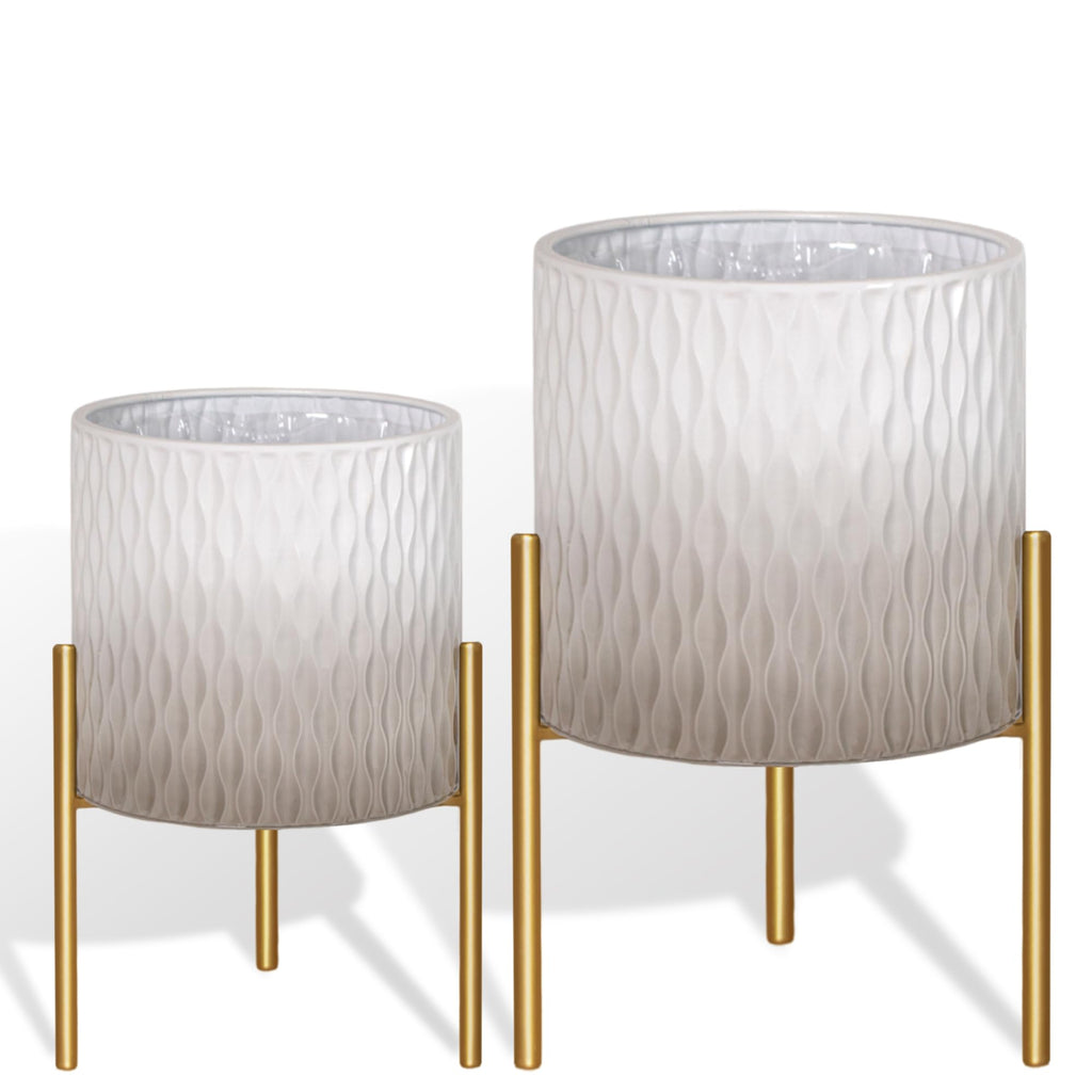 Plants Pots with Stand, Set of 2 Indoor Planter Pots, Unique Mid Century Decorative Metal Flower Pots with