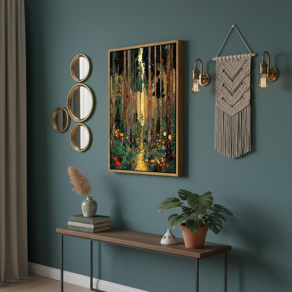 Floating Framed Gustav Klimt Forest Path Canvas Wall Art, 12x16in
