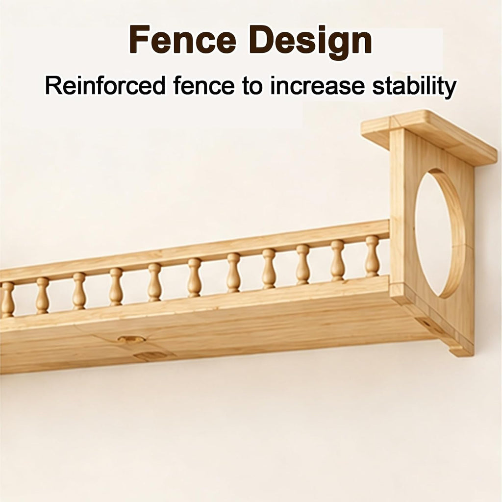 Solid Wood Cat Bridge Ceiling Mounted, Saving Cat Walkways for Walls, with Fence for Indoor Cats Lounging and Play