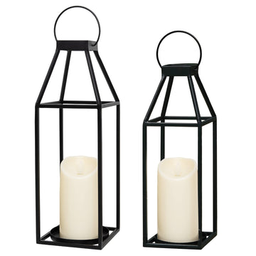 HPC Decor Black Metal Candle Lanterns Set of 2- Lanterns Decorative with Flickering Timer Candles- 17.4'' & 15''