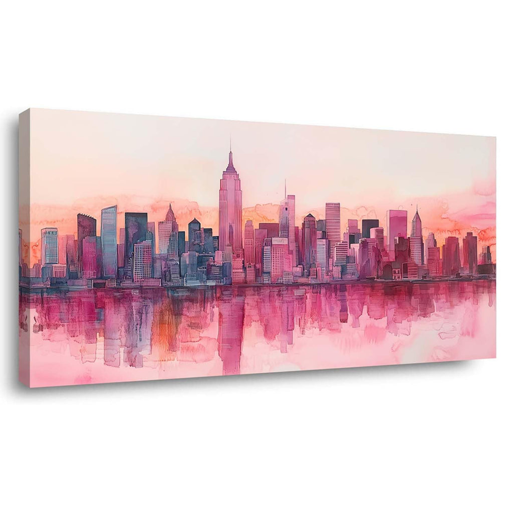 York City Skyline Canvas Wall, Pink Watercolor Manhattan Cityscape Print, Modern Urban Decor Bedroom Office