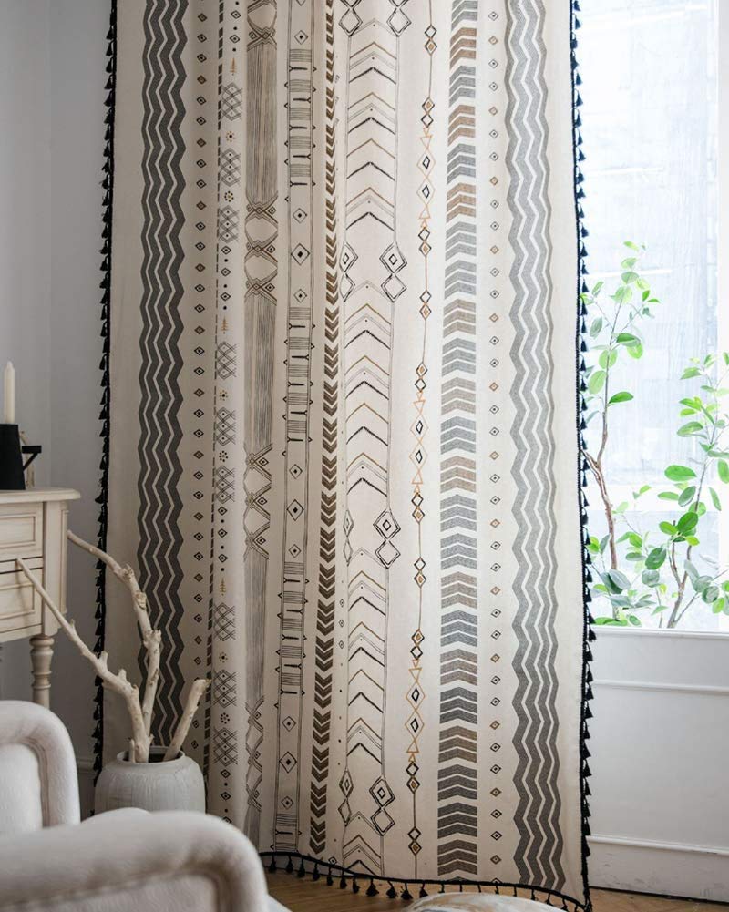 Boho Curtains Patterned Black and White 95 Inches Semi-Blackout Light Filtering Long Window Curtains 2 Panels Cotton