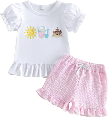 Toddler Baby Girl Puff Short Sleeve T-Shirt+ Plaid Shorts Castle/Lineworker Embroidery Clothes 2PCS Outfit Set