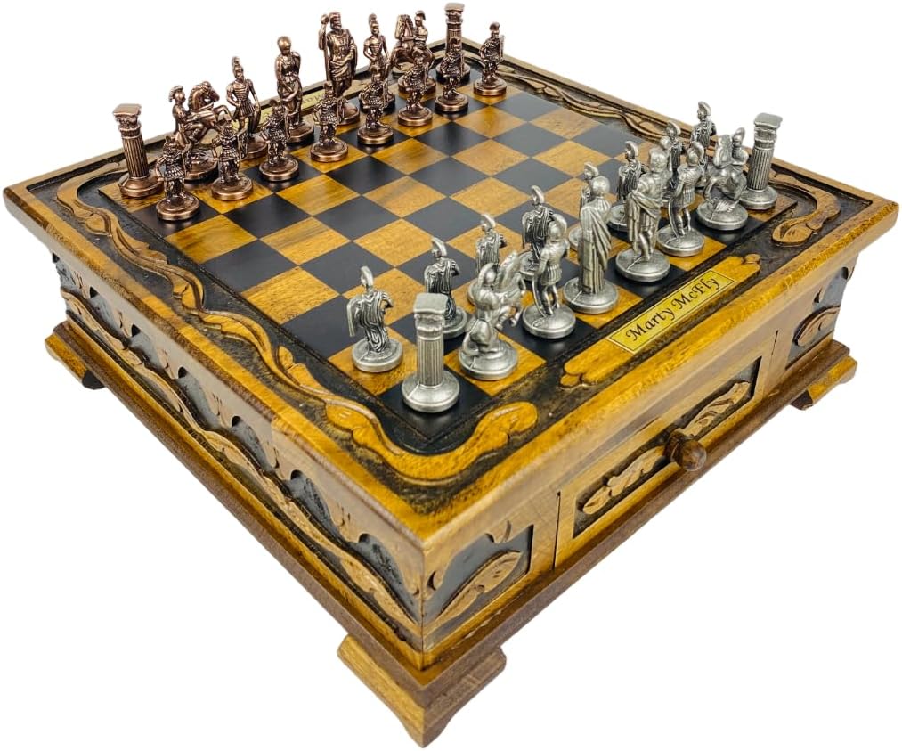 Handcrafted Roman Empire Themed Chess Set with Storage Drawer- 14 inch Customizable Wooden Chessboard- Cast Metal