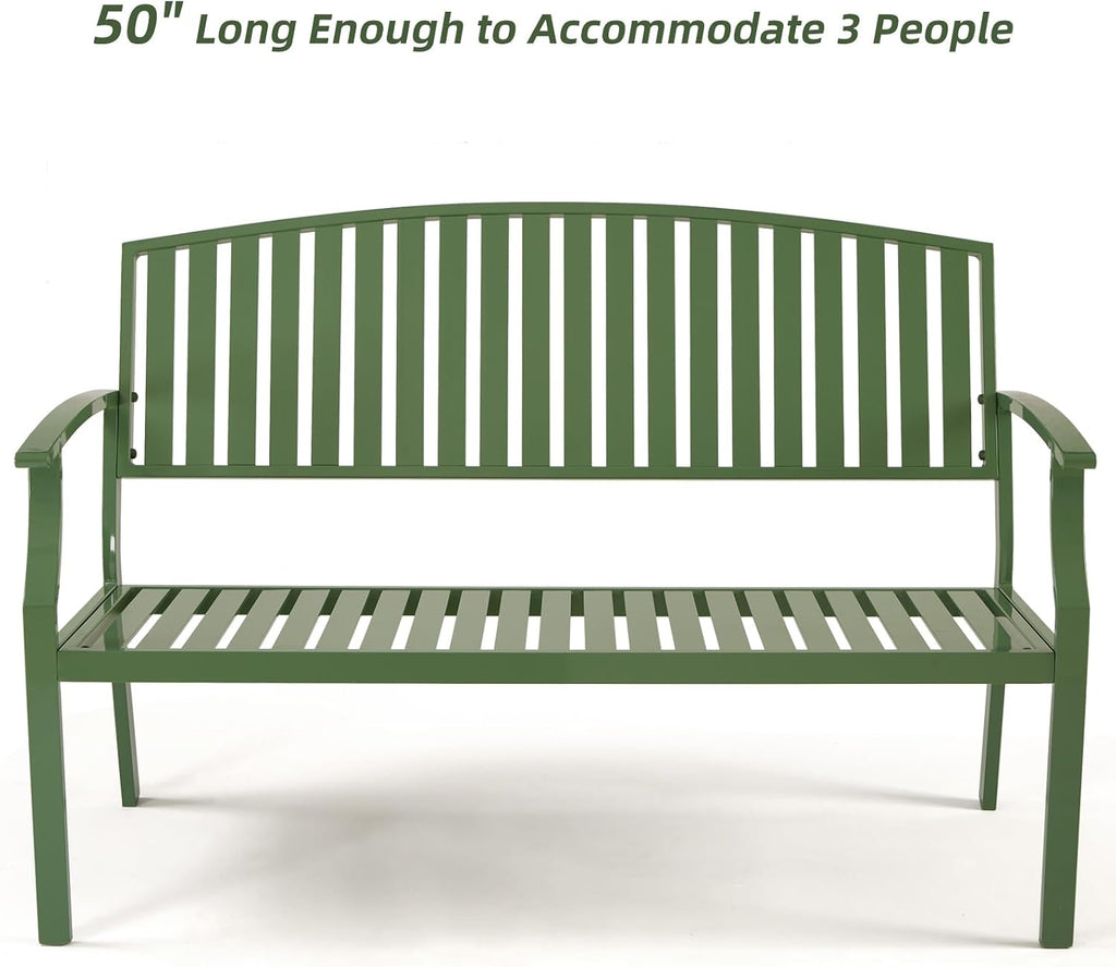 52" Outdoor Aluminum Garden Bench for 2, Weatherproof, Green | waterproof rust-resistant metal bench supports up to